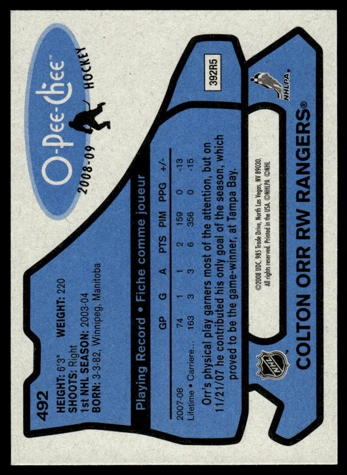 2008-09 O-Pee-Chee 1979-80 Retro Colton Orr New York Rangers #492 - Image 2 of 2
