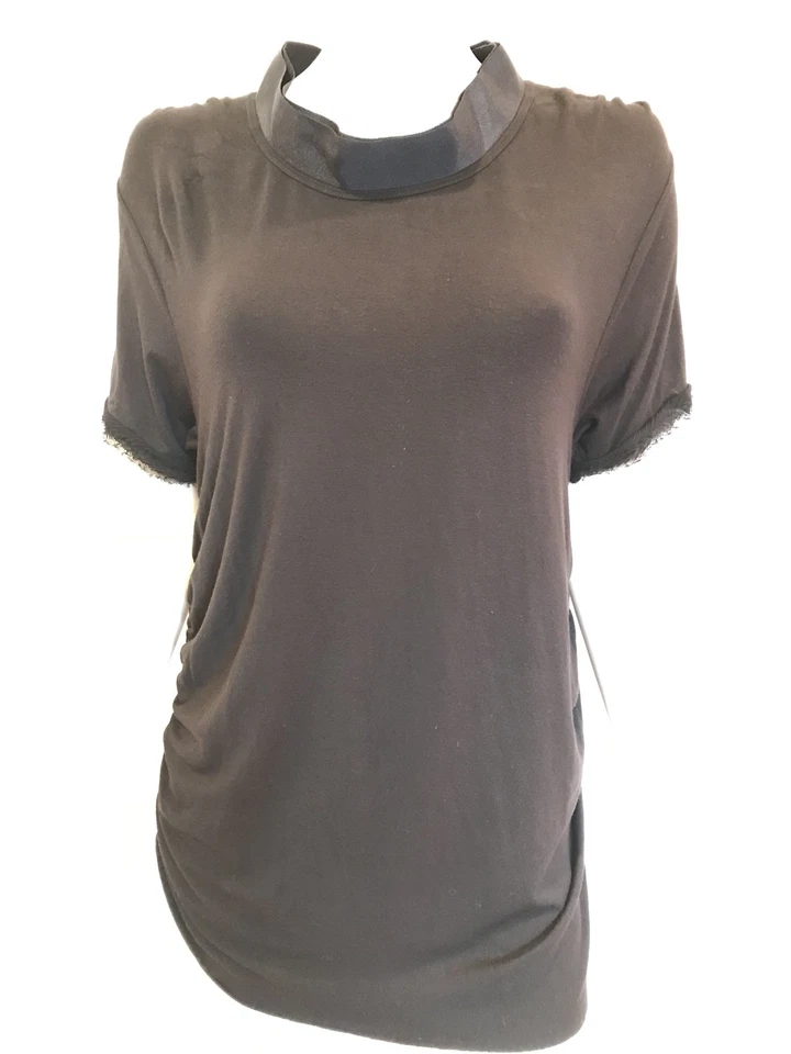 LANVIN Top $650 Black Stretch Blue Collar Trim Long T-shirt Sz M - Image 2 of 4