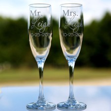 2 Etched Engraved Personalized Mr. and Mrs. Champagne Flute Glasses Wedding Gift