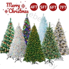 4/5/6/7FT Green/White Christmas Tree With LED Lights Bushy Pine Xmas Holiday US