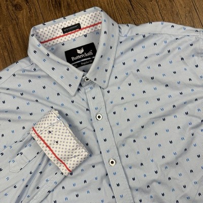 Butter Cloth Shirt Mens XL Blue Icy Cotton Flip Cuff Mint Geometric Arrow Wings