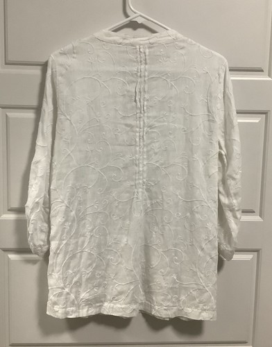 Marina Luna White Linen Tunic Top White Embroidery Roll Tab Sleeves Women’s Sz M - Picture 5 of 7