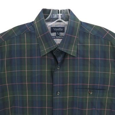VIYELLA Non Iron Long Sleeve  Shirt Green Blue Plaid Check 100% Cotton MEDIUM