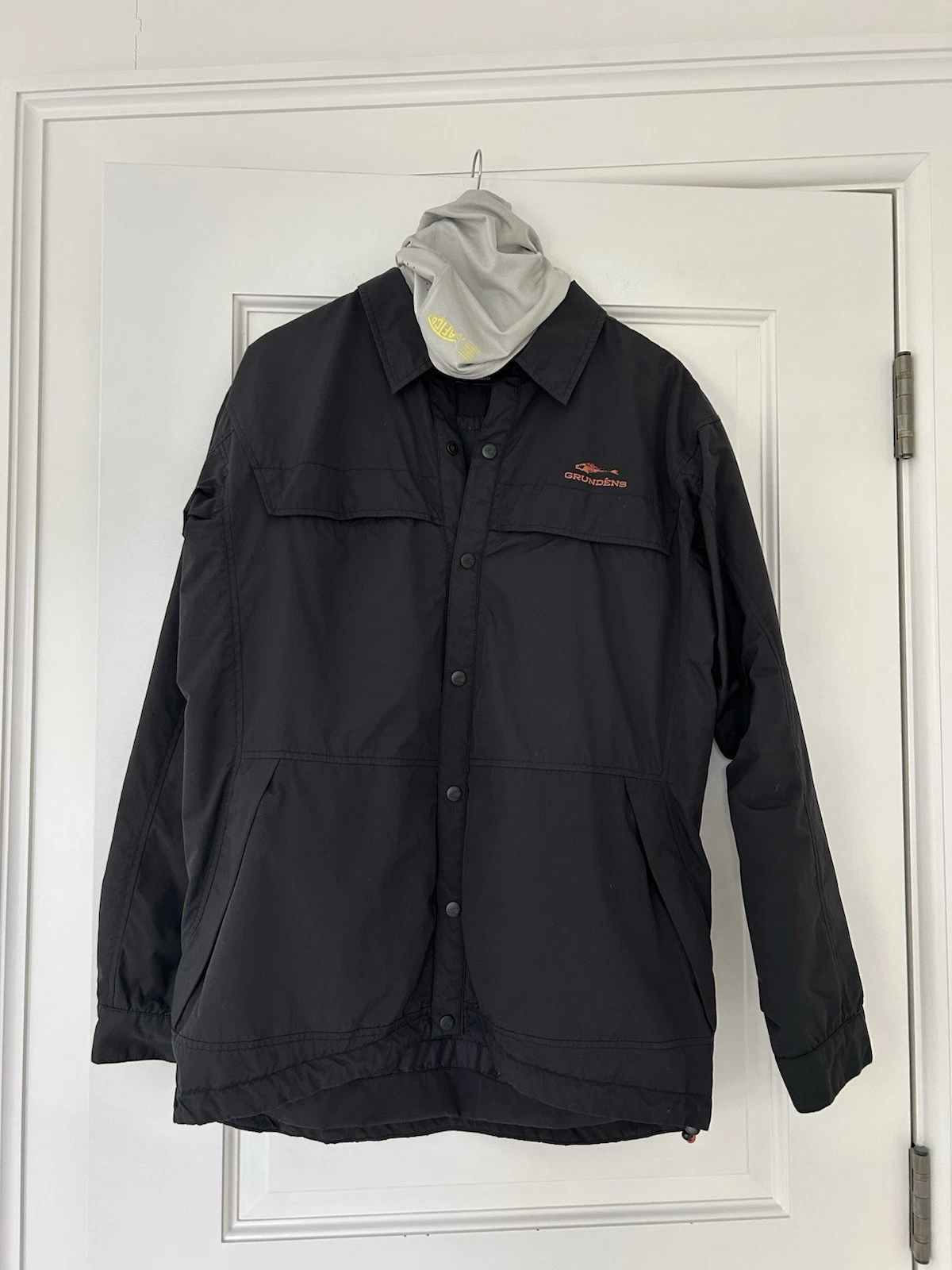 Grundens men L black collar lined fishing jacket pockets zip AFTCO neck gaiter