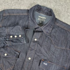 Wrangler Western Shirt Mens M Blue Denim Advanced Comfort Pearl Snap MACW01D