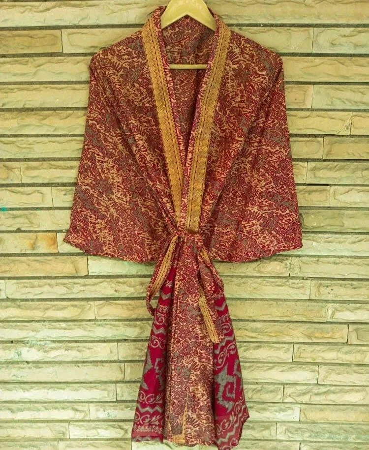 Midi Kimono Pure Silk Robe Knee Length Gown Silk Kimono Robe Rust Red MKMO1609 - Image 3 of 4