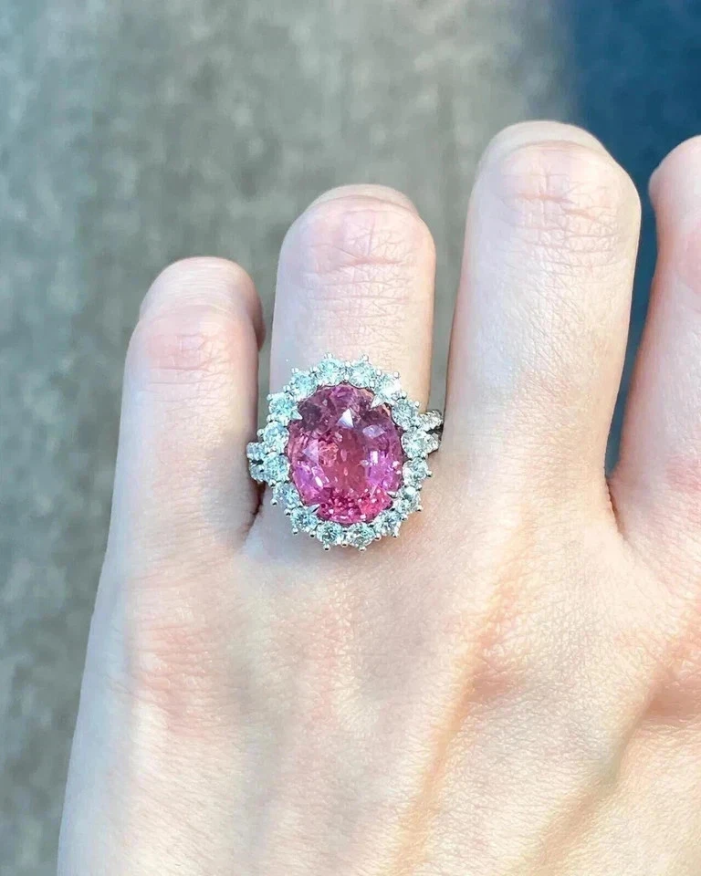 Anillo de diamantes de zafiro rosa natural de corte ovalado de 5,70 quilates de oro blanco macizo de 18 quilates talla 7 Foto 4 de 4