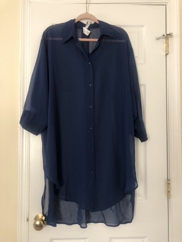 Gottex Swimwear Women's Sheer Navy Button Front Tunic Cover-Up top Size M NWT