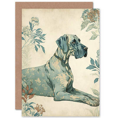 Blaue Dogge Hund Blumenmuster Pelzmantel Kunst Blanko Grußkarte und Umschlag