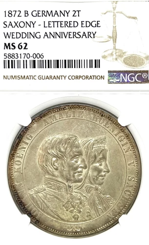 German States Saxony 1872 Two Taler Coin NGC MS62 VZ/F.STG Thaler GOLDEN WEDDING