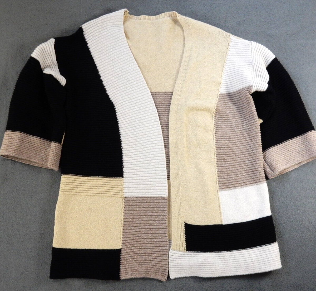 Color Block Womens Sweater Small Beige Black White Cardigan Retro 