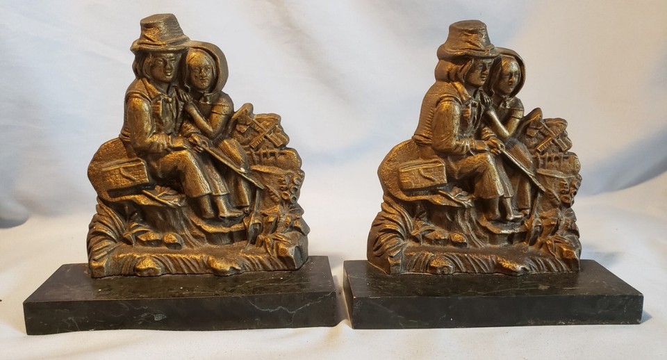 Vintage Solid Bronze Bookends on Steel Base, Dutch Couple Fishing 5 1/2