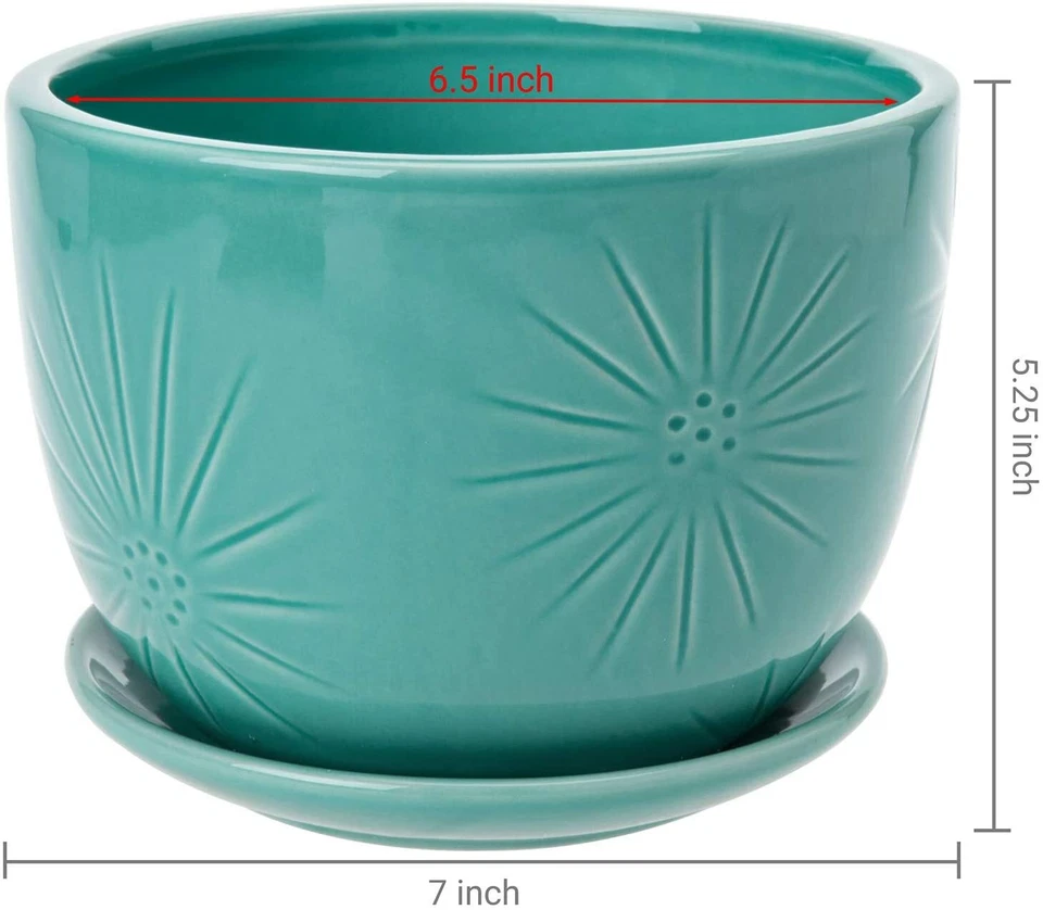 Maceta redonda de cerámica con diseño Sunburst de 7 pulgadas con platillo adjunto, azul aguamarina Foto 3 de 4
