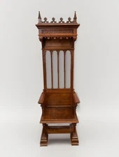 ANTIQUE FRENCH WALNUT NEO GOTHIC REVIVAL CARVED CATHOLIC BISHOPS THRONE CHAIR