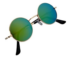 ROUND SUNGLASSES GREEN-BLUE-YELLOW MIRROR LENS 43mm GOLD METAL FRAME ONE PAIR
