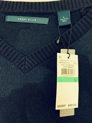 PERRY ELLIS Men's Designer 100% Cotton Long Sleeve Sweater Large