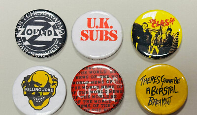 Punk Retro Pin Anstecker 6er Set - Zounds / UK Subs / Clash / KJ / JA M / Sham 69