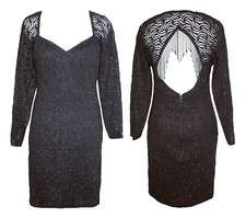 80s Vintage ZUM ZUM Dress S Black Open Beaded Fringe Back Sparkle Shimmer Party