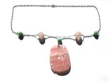 Sterling Carved Rose Quartz and Jadeite Bead Necklace Period Art Deco Stunning