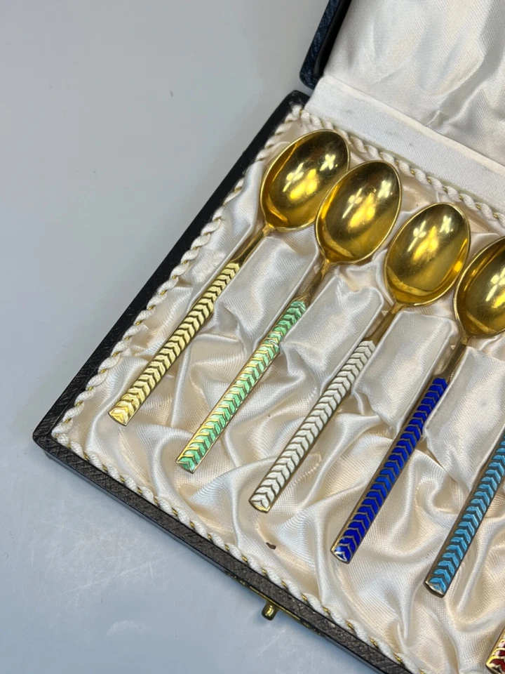 VTG MEKA Denmark Sterling Silver Demitasse Coffee Spoons Set Guilloche Enamel - Image 3 of 4