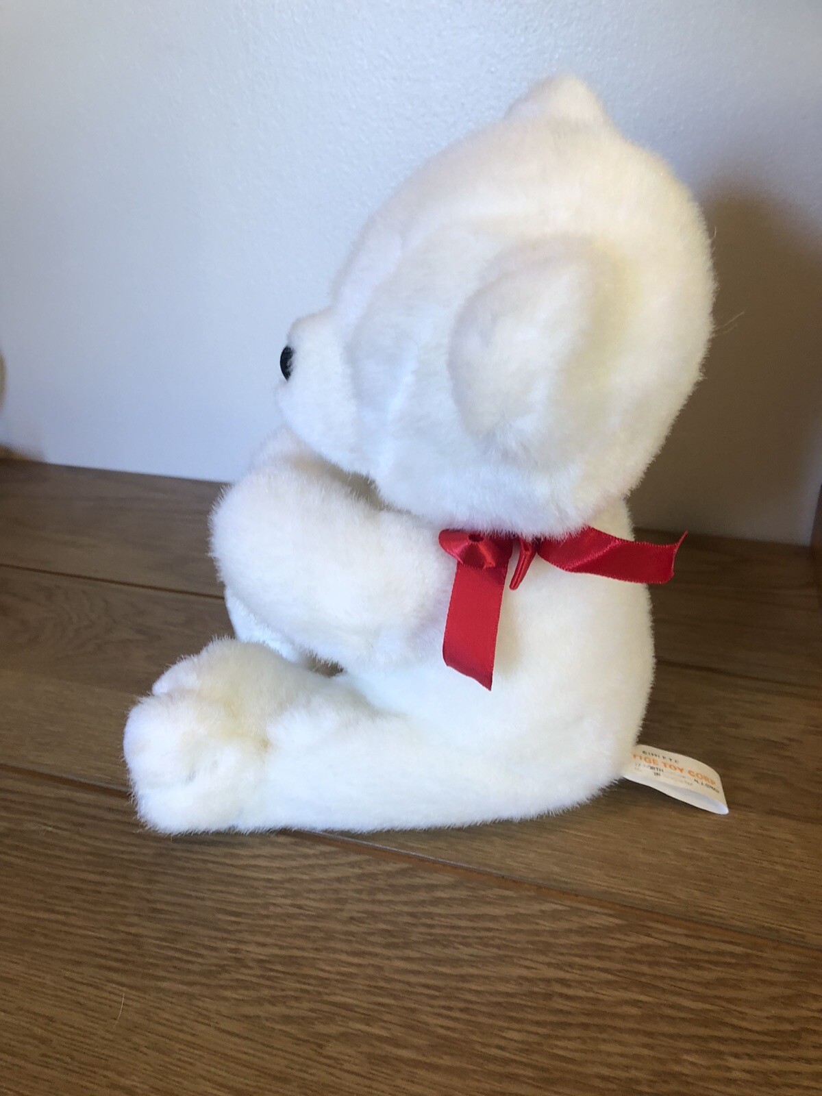 Vintage 1991 Prestige Toy Corp WHITE TEDDY BEAR Plush Red Bow Hands Together 9”