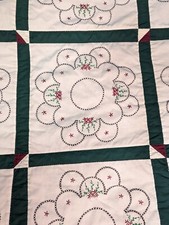 Vintage Quilt Embroidered Hand Stitched Squares Flowers Green Maroon White 78x78