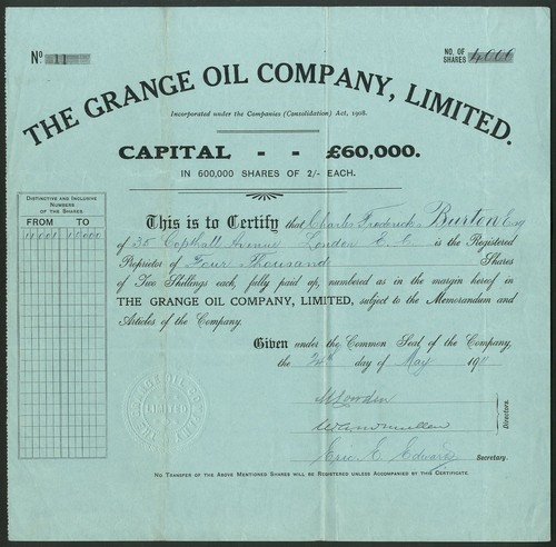 Grange Oil Company Ltd., 2/- shares, 1911 - 第 1/1 張圖片