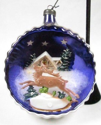 Vintage 1950s Blown Glass 3-D Reindeer & Chalet Diorama Christmas Ornament Italy