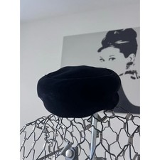 Vintage Black Velvet Pillbox Hat Red Lining Mid Century Style Formal Accessory