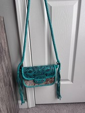 Turquoise Tooled Leather and Cowhide Crossbody