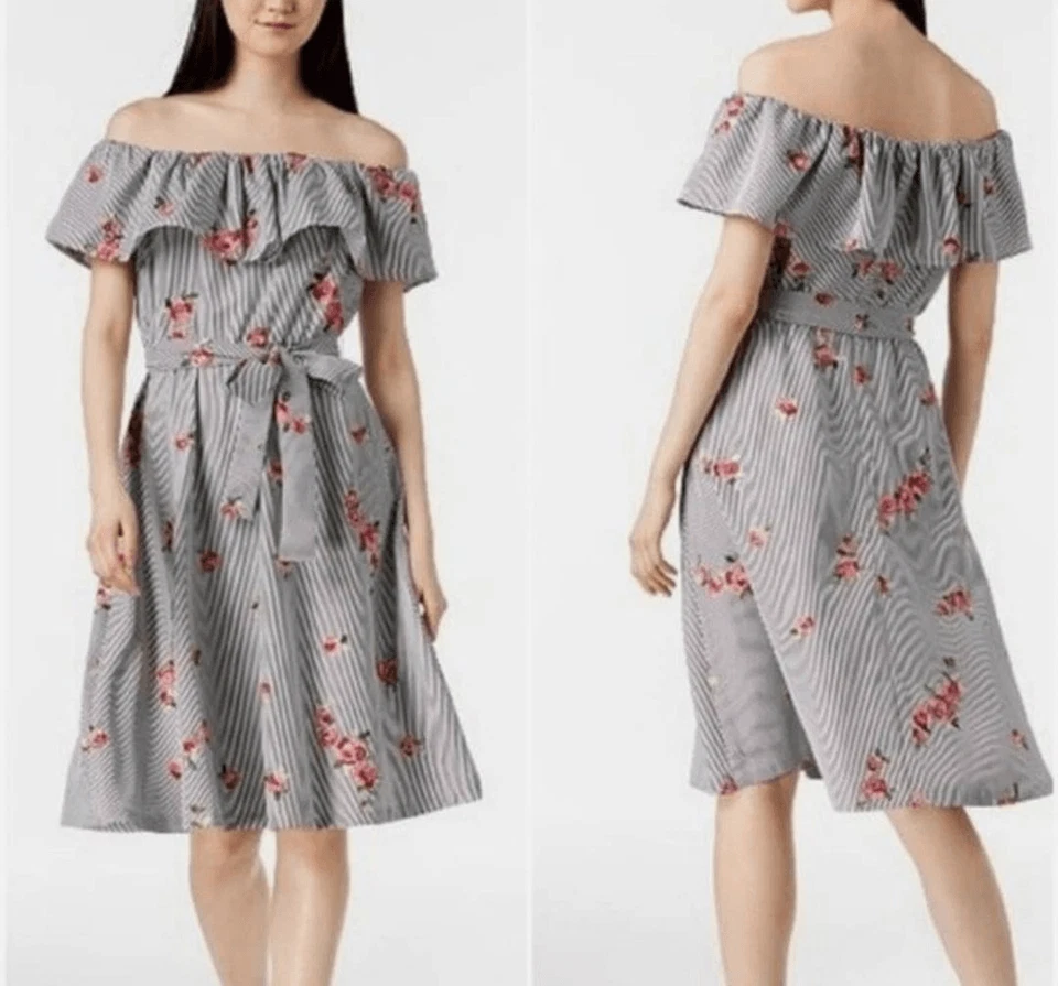 Calvin Klein off shoulder embroidered pinstripe floral dress size 4 - Image 2 of 4