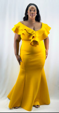 Plus Size Women’s 1X 3X Bright Yellow Off-Shoulder Ruffle Mermaid Formal Gown
