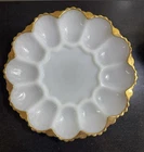 Vintage Milk Glass Deviled Egg Plate Gold Gilt Rim 12 Slots Scalloped Edge