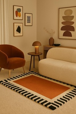 Handgetuftete Wolle Modern Geometrisch Rot mit Schwarz und Beige Gestreift Bo...