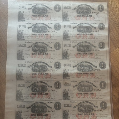 Uncut Sheet Of Confederate $1 Bills- State Of Mississippi Civil War Era Currency