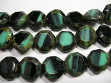 17 Awesome Czech Glass Turquoise & Black Picasso Table Cut Octagon Beads 12mm