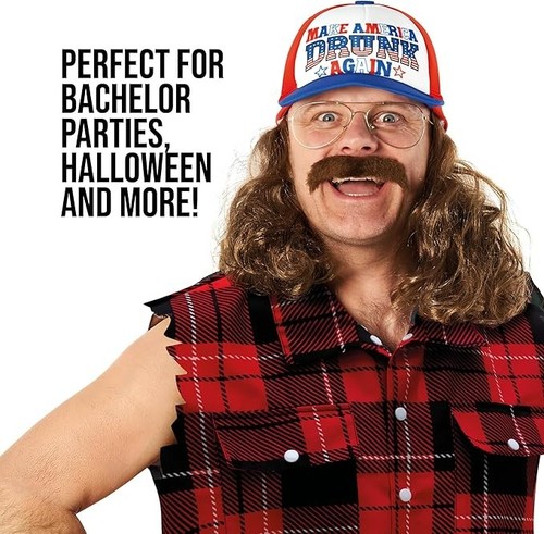 Men`s Trucker Hat + Hair Adult Redneck Hillbilly Costume Accessory + Mullet Wig - Picture 3 of 5
