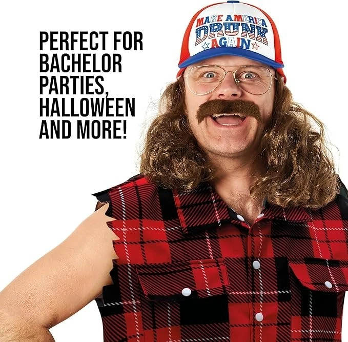 Sombrero de camionero para hombre + accesorio de disfraz Hillbilly cuello rojo pelo adulto + peluca salmonete Foto 3 de 4