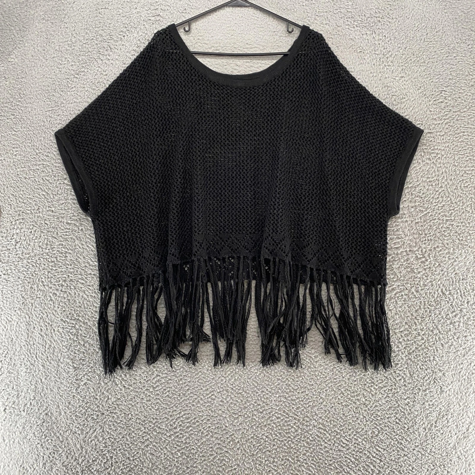 Torrid Sweater Womens 4X Black Crochet Fringe Poncho Open Knit Boho Coverup