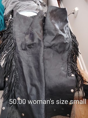 Women's Black Leather Western Chaps Size Small with Fringe & Conchos