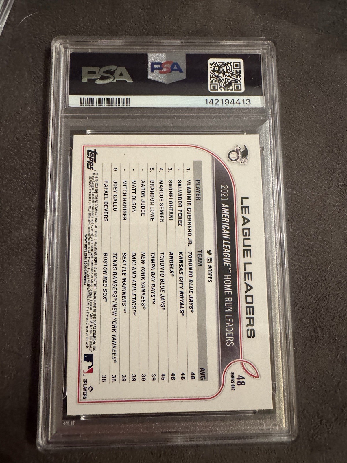 2022 Topps Series 1 - League Leaders Shohei Ohtani, Vladimir Guerrero Jr. PSA 10 view 2