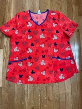 Disney Mickey Mouse Scrub Top Women's Size XL Red Patriotic Stars V Neck Medical