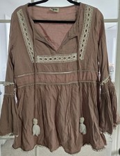 Show Me Your Mumu M Mauve Tasseled Pom-Pom V-Neck Bell Sleeve Tunic Blouse