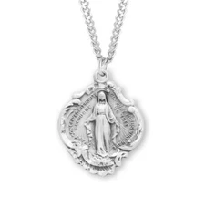 Fancy Baroque Style + Two Sided - Sterling Silver Miraculous Medal + 24" Chain 