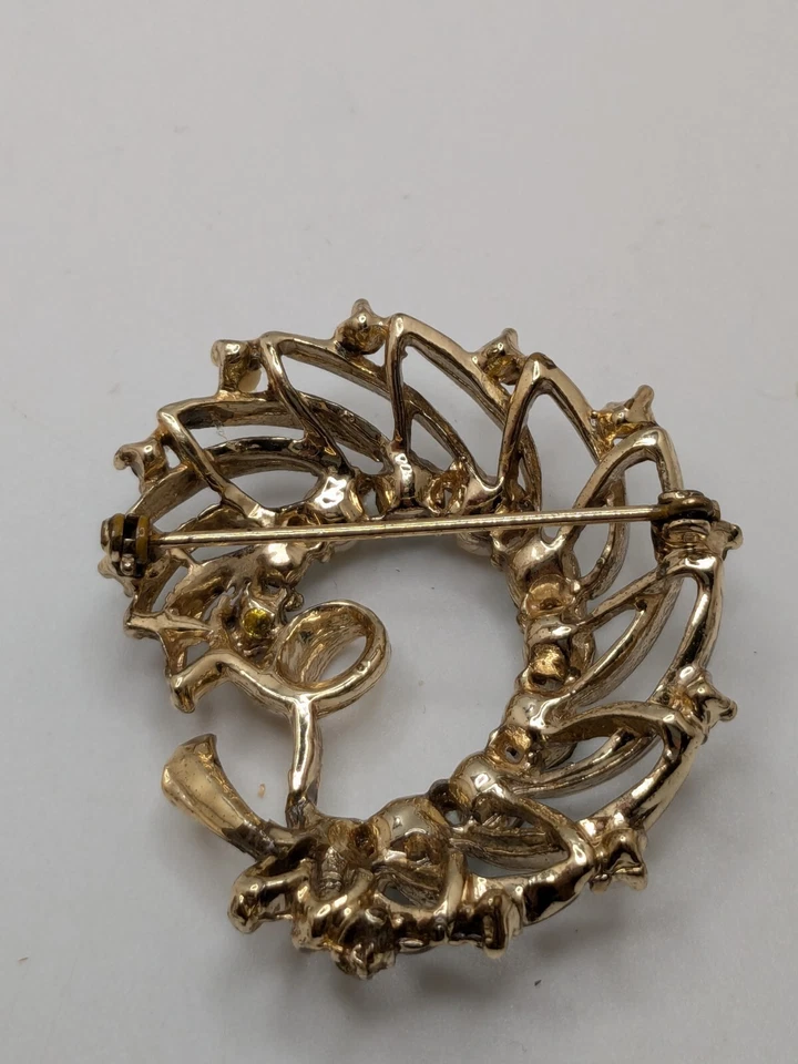 Broche Remolino Perla Imitación Diamantes de Imitación Azul Mediados de Siglo Tono Dorado 2" Foto 3 de 4