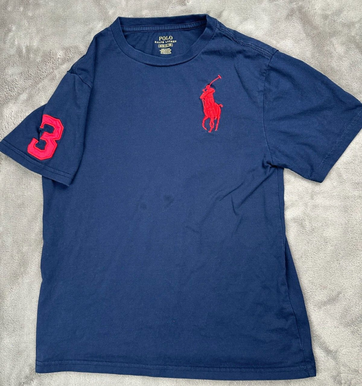 Polo Ralph Lauren blu t shirt #3 sulla manica giovane taglia media 10 12 Big Pony