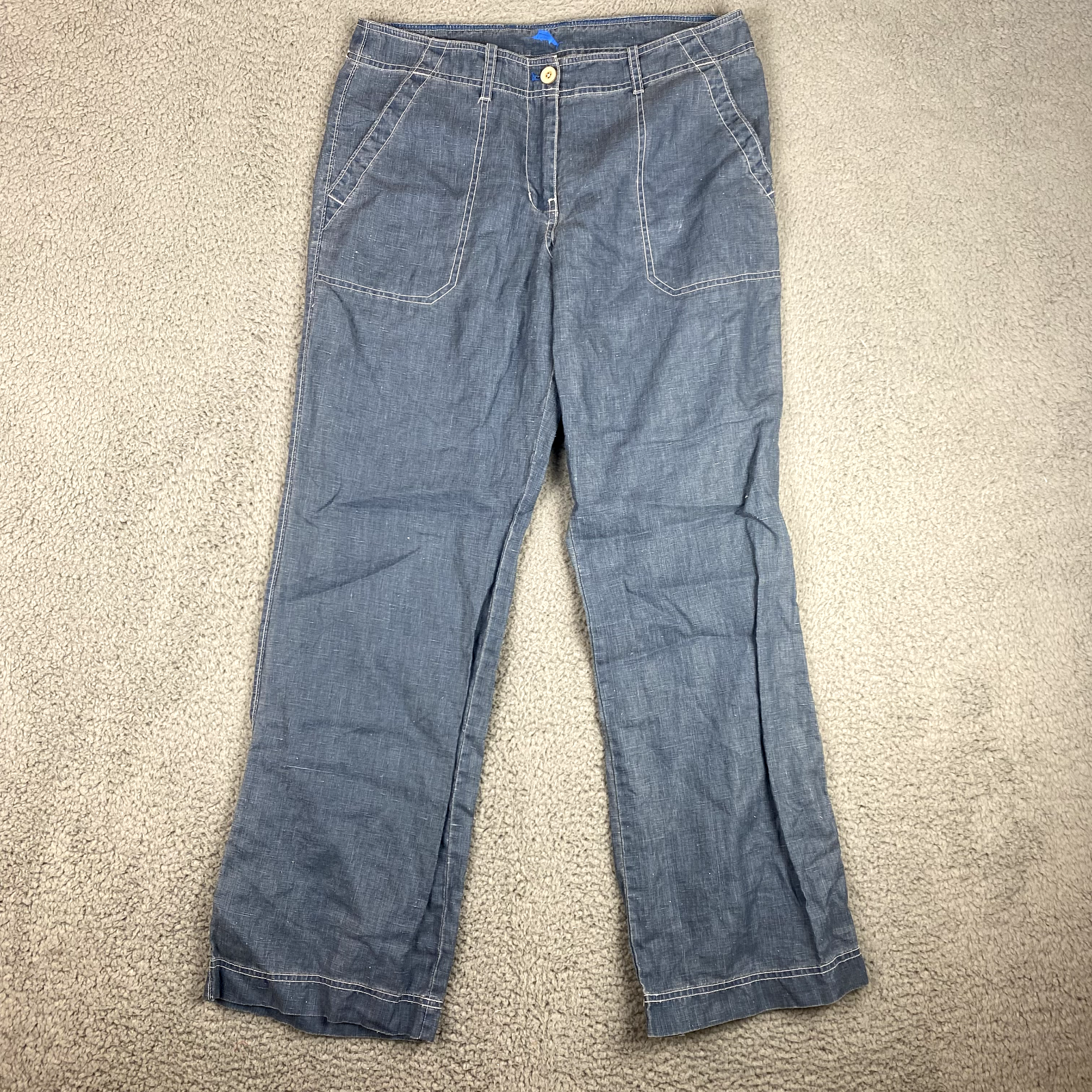 Tommy Bahama Pants Womens 10 Blue Pure 100% Linen Straight Baggy Boho Beach Sun