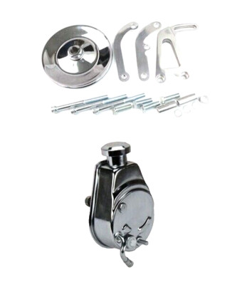 Small Block Chevy Chrome Saginaw Power Steering Pump + Keyway Pulley Bracket Kit
