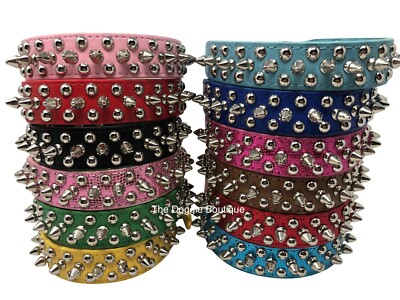 Dog Collar Studded & Spikes Rivet Adjustable 12 Colors Faux Leather  1'' w  S M L