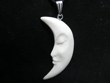 Crescent Half MOON Double Sided Face Carved Water Buffalo Bone Pendant Necklace 
